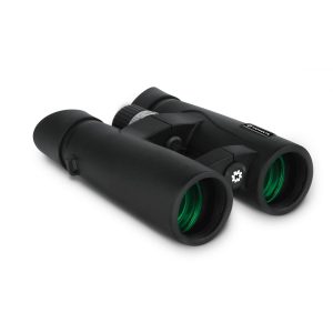 Black binoculars with green-tinted lenses.
