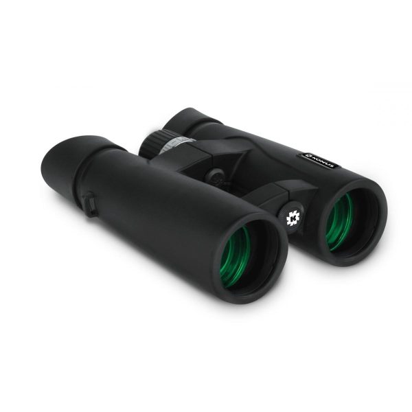 Black binoculars with green-tinted lenses.