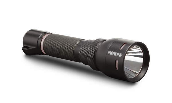 Black tactical flashlight with textured grip and "konus" branding on the side, displayed against a white background.