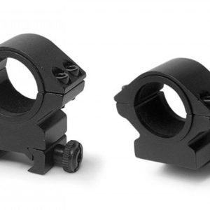 Black scope rings for firearms, featuring a matte finish and dual screw tightening mechanism.