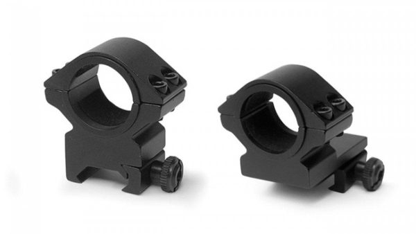 Black scope rings for firearms, featuring a matte finish and dual screw tightening mechanism.