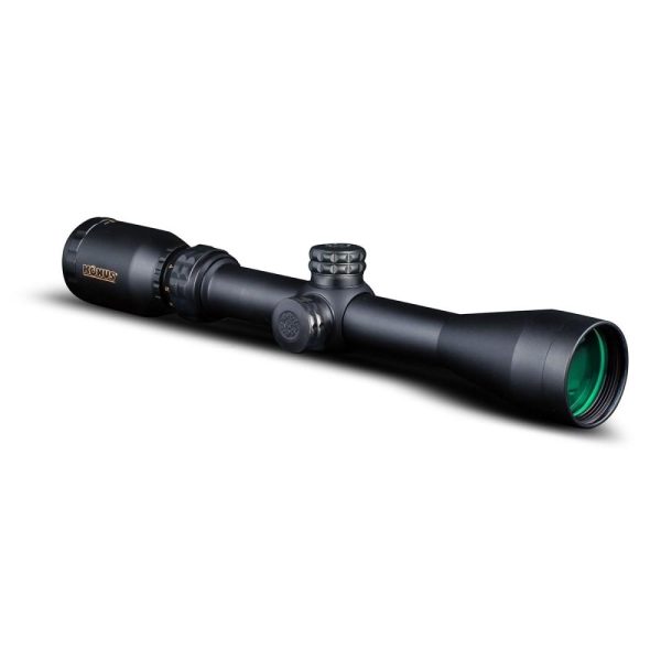 A black rifle scope with green-tinted lenses, featuring brand marking "konus" in gold, suitable for firearms and hunting use.