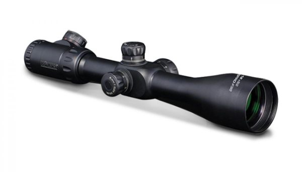 Black konus rifle scope with multiple adjustment knobs and a matte finish.