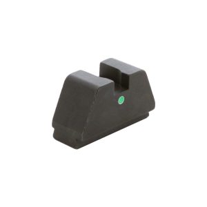 Black firearm rear sight with green dot indicator.