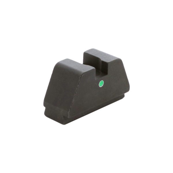 Black firearm rear sight with green dot indicator.