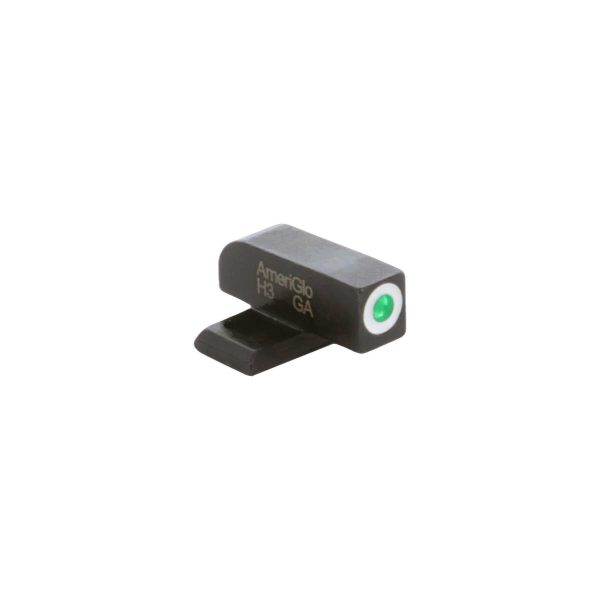 Black ameriglo firearm sight with green dot, marked h3 ga.