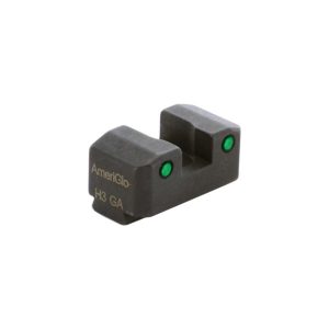 Black AmeriGlo H3 GA firearm sight with green dots on white background.