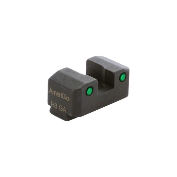 Black ameriglo h3 ga firearm sight with green dots on white background.