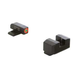 AmeriGlo handgun sights, front sight with a green dot and orange outline, and rear sight, both in matte black finish.