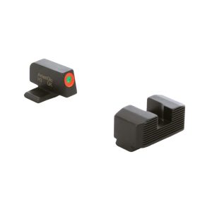 Black AmeriGlo gun sights with red and green dot detail on a white background.