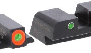 Black firearm sights with green and orange dots; firearms accessories.