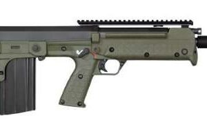 Olive green and black bullpup rifle with a rail system, featuring a detachable magazine and a textured grip.