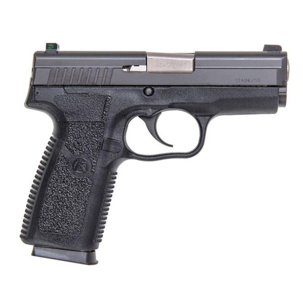 Black handgun with textured grip and stainless steel slide.