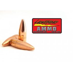 Copper-colored bullets positioned beside a red and black "Lightning Ammo" logo with contact details.