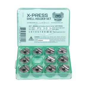 Green plastic case with transparent lid containing a set of eleven silver shell holders arranged in individual compartments, labeled "X-PRESS Shell Holder Set" by Lee Precision.
