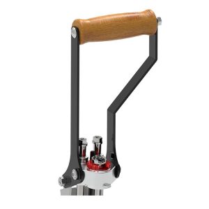 Reloading press with black metal frame, red and silver components, and a natural wood handle.