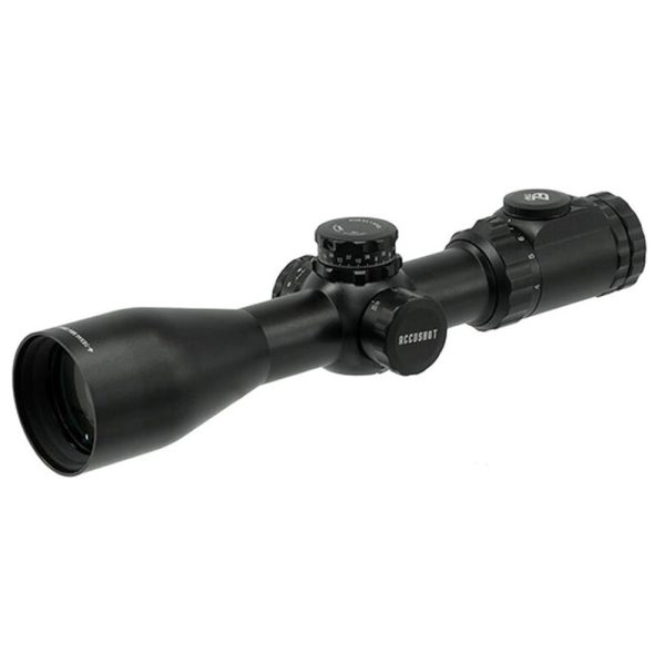 A black rifle scope with adjustment knobs, labeled "accushot," featuring a sleek, matte finish.
