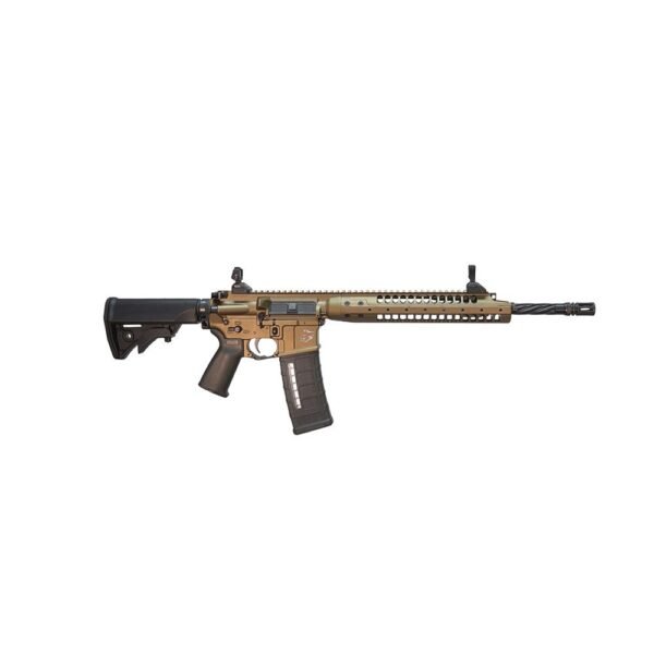 Tan and black ar-15 style rifle with a tactical rail and spiral-fluted barrel.