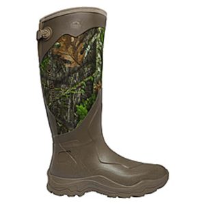 Olive green rubber hunting boot with camouflage pattern featuring green leaves and brown tree bark.