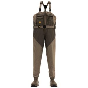 Brown and dark green waders with pockets and adjustable shoulder straps.