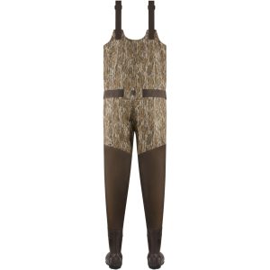 Camouflage-patterned chest waders with brown boots and adjustable shoulder straps.
