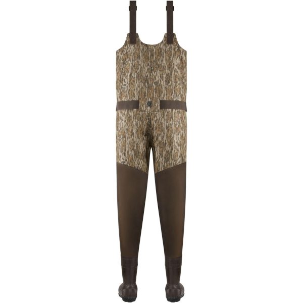 Camouflage-patterned chest waders with brown boots and adjustable shoulder straps.