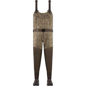 Camo-pattern chest waders with dark green lower section and attached boots, featuring adjustable shoulder straps and a waist belt.