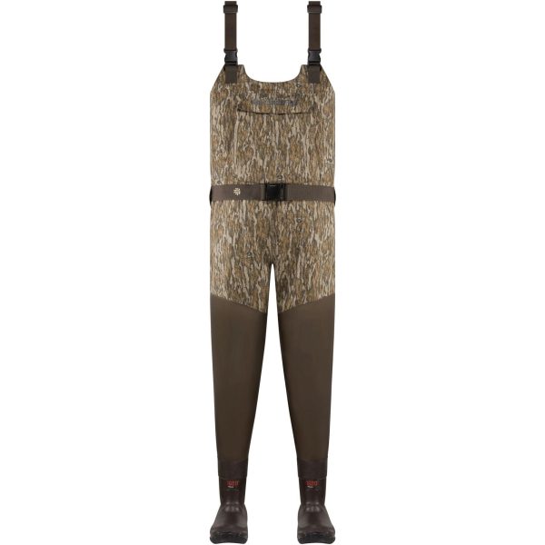 Camo-pattern chest waders with dark green lower section and attached boots, featuring adjustable shoulder straps and a waist belt.