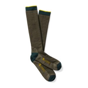 Olive green knee-high socks with dark green heels and toes, featuring yellow "LaCrosse" branding.