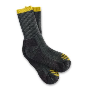 Dark green socks with black and yellow accents.