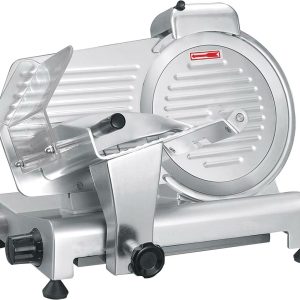 A shiny, silver meat slicer with a round blade and black knobs, featuring ridged and smooth metallic surfaces.