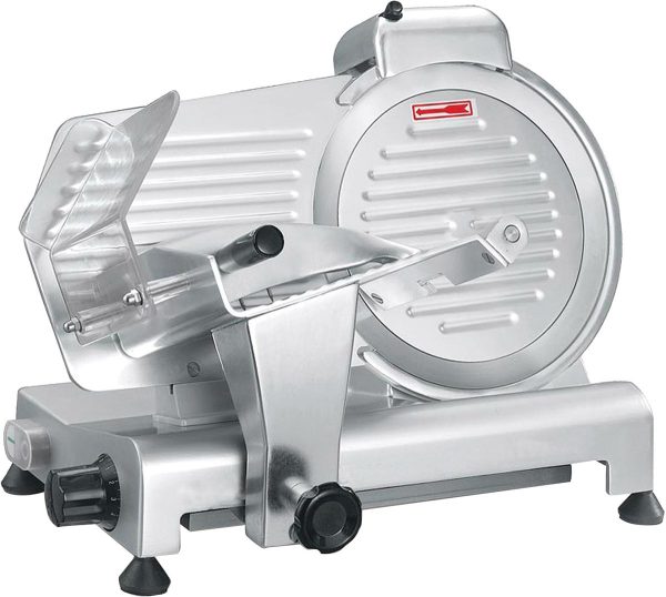 A shiny, silver meat slicer with a round blade and black knobs, featuring ridged and smooth metallic surfaces.