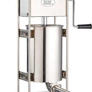 Stainless steel vertical sausage stuffer with manual crank handle.