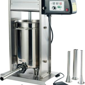 Alt text: Stainless steel electric sausage stuffer with attachments and foot pedal.