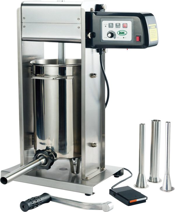 Alt text: stainless steel electric sausage stuffer with attachments and foot pedal.