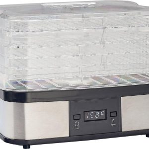 A stainless steel and black food dehydrator with a digital display showing 158°F.