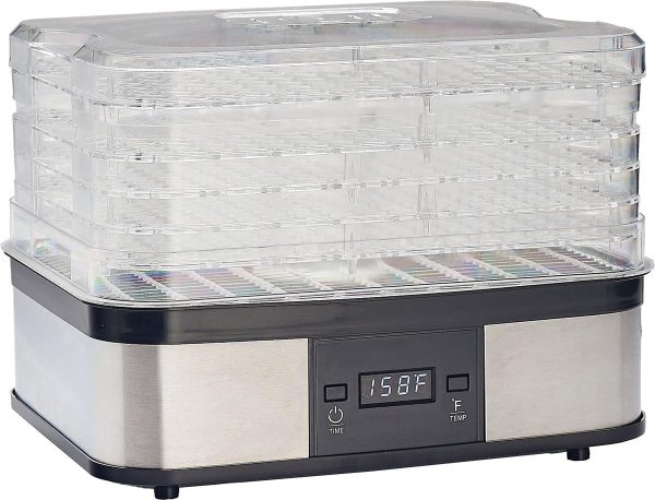 A stainless steel and black food dehydrator with a digital display showing 158°f.
