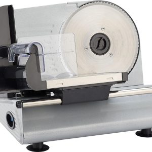 A silver electric meat slicer with a black handle and clear safety guard.
