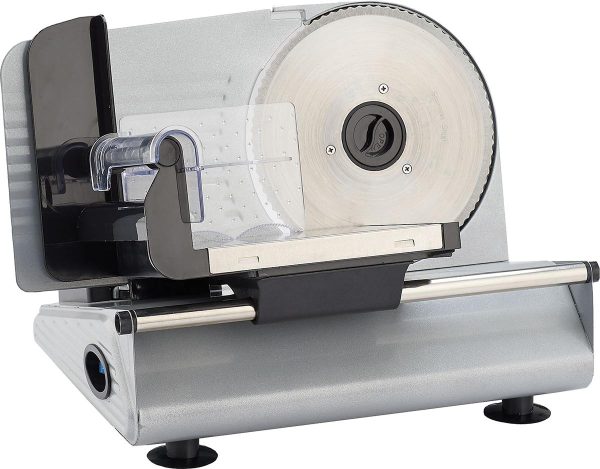 A silver electric meat slicer with a black handle and clear safety guard.
