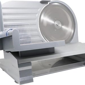 Silver electric meat slicer with a circular cutting blade and stainless steel design.