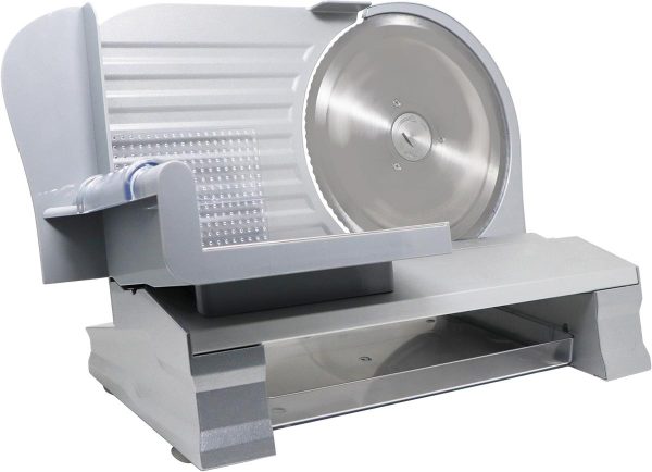Silver electric meat slicer with a circular cutting blade and stainless steel design.