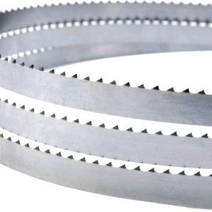 A close-up of a silver metal bandsaw blade with sharp, evenly spaced teeth, coiled in several loops.