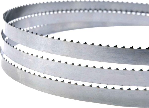 A close-up of a silver metal bandsaw blade with sharp, evenly spaced teeth, coiled in several loops.