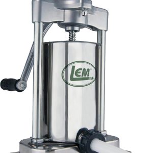 Stainless steel sausage stuffer with manual crank and LEM logo.