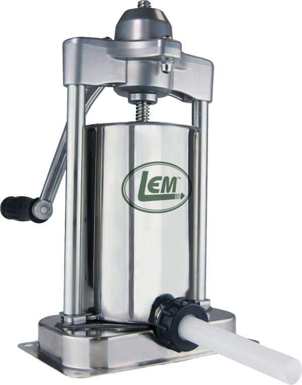 Stainless steel sausage stuffer with manual crank and lem logo.