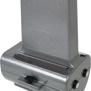 Gray textured metal slide for ammunition reloading, featuring a rectangular vertical tube with rounded base and adjustable components.