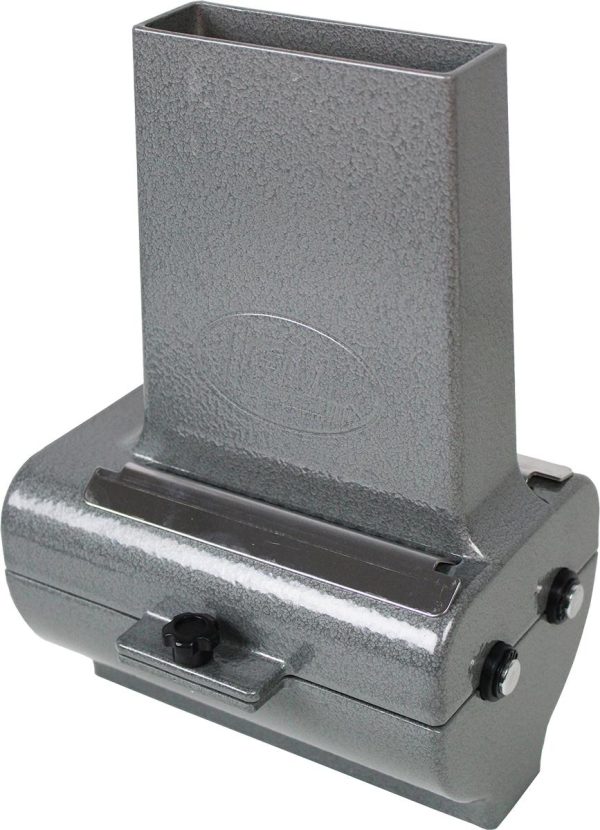Gray textured metal slide for ammunition reloading, featuring a rectangular vertical tube with rounded base and adjustable components.
