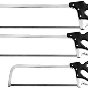 Three silver hacksaws with black handles.