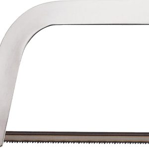 A metal saw blade with a silver frame and fine teeth, set against a white background.