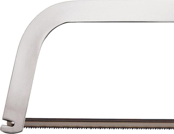 A metal saw blade with a silver frame and fine teeth, set against a white background.